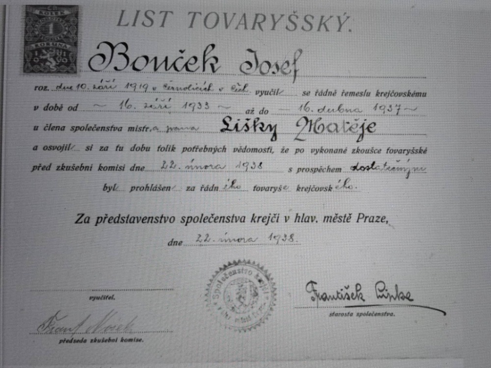 Potvrzení o tovaryšské zkoušce J. Boučka z My Heritage.cz