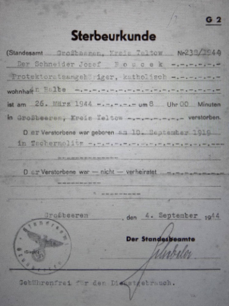 Potvzení z německého lágru o úmrtí J. Boučka z My Heritage.cz